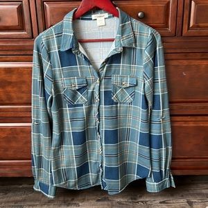 Passport long sleeve flannel L teal, blue, and mustard yellow plaid